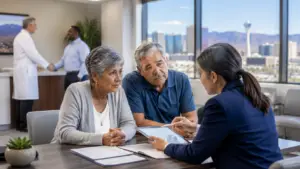 seniors talking to the broker after doctor leaves Medicare Advantage plan