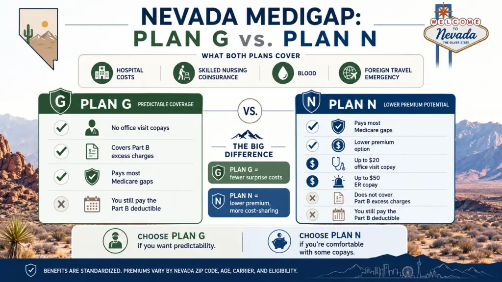 Plan G vs. Plan N in Nevada compares Medigap coverage, including hospital costs, copays, excess charges, deductibles, and premium differences.