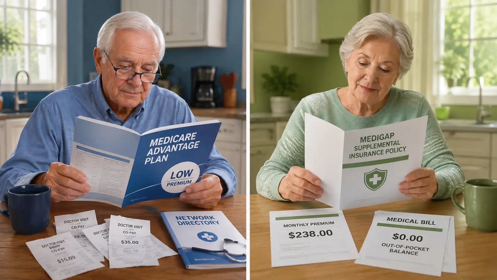 A split-screen illustration showing two older adults in their late 60s to early 70s, each sitting at a kitchen table reviewing paperwork.